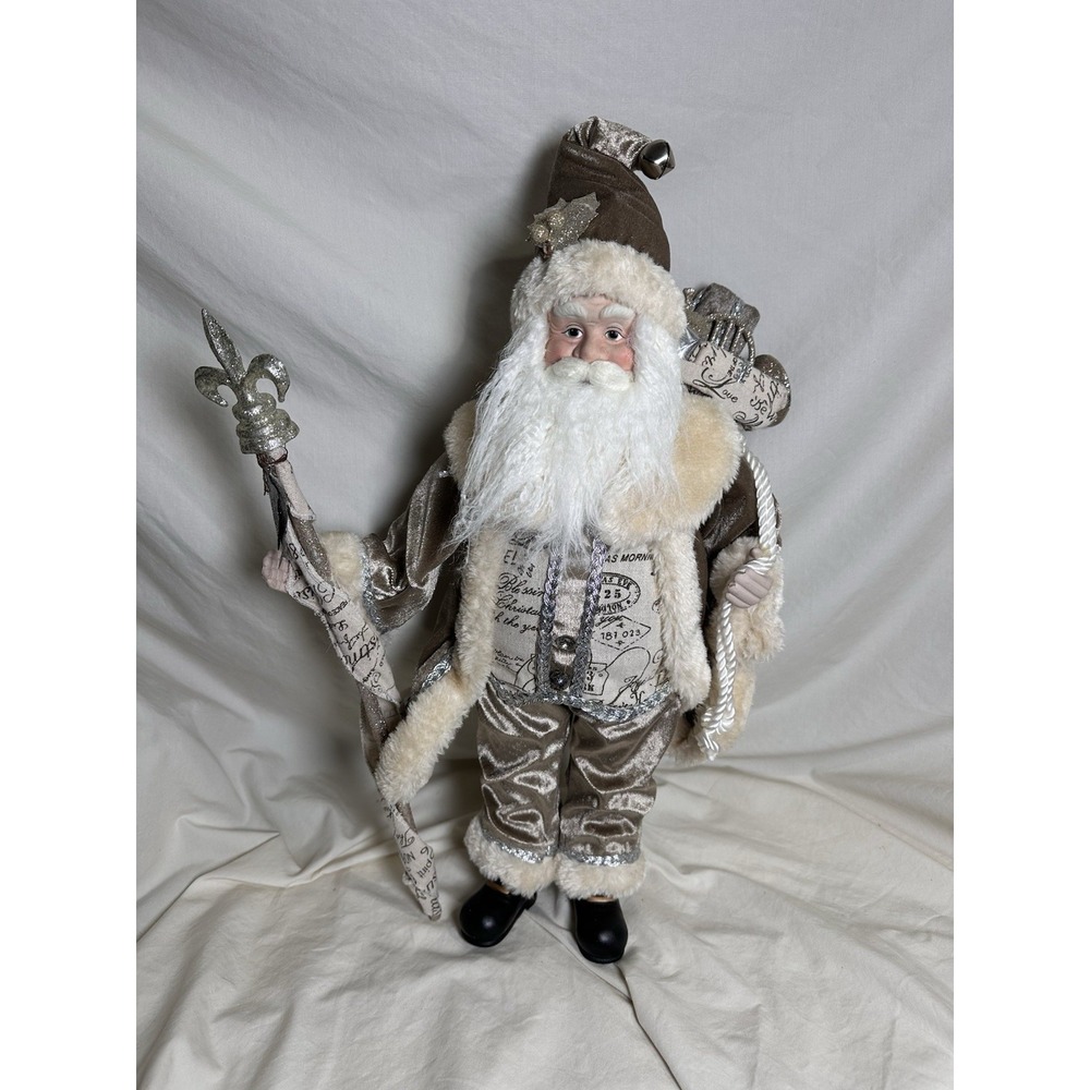 Champagne Coastal Santa Figurine Neutral Taupe Silver Christmas Decor 21"